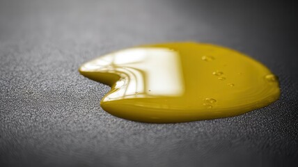 Fototapeta premium Macro shot of golden olive oil puddle glistening on dark surface backdrop