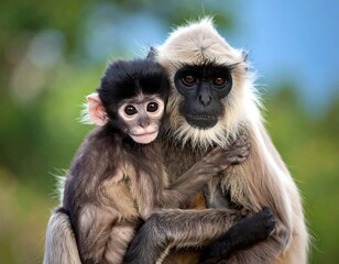 Fototapeta premium Close-up of a monkey mother holding her baby
