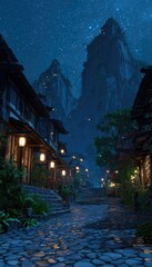 Fototapeta premium Night village nestled in mountains (1)