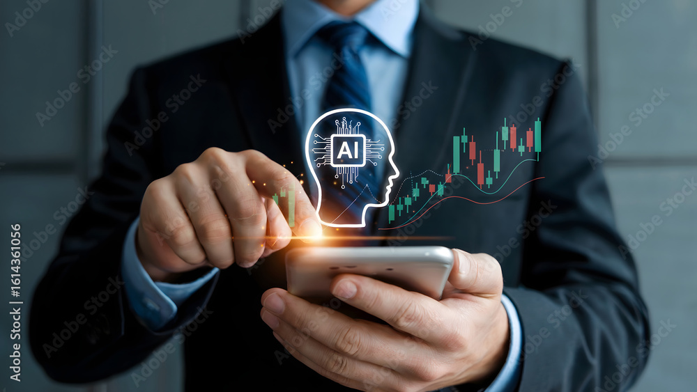 Aufkleber ai stock trader analyzing market trends on smartphone for investment insights