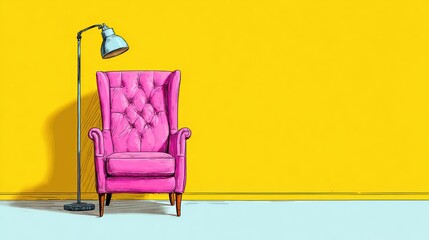 Pink armchair and floor lamp in yellow room