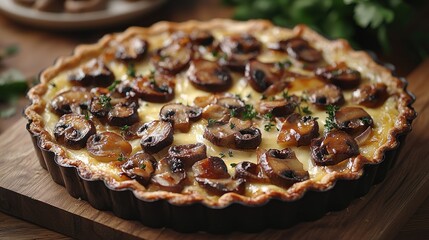 Mushroom-topped quiche on wooden board, side view, golden crust