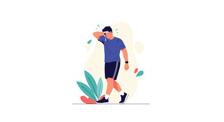 Man feeling tired after intense exercise and wiping sweat from his forehead outdoor in a park healthy lifestyle concept