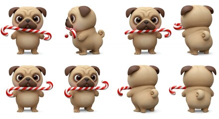 Obraz premium Cartoon pug dogs with candy canes