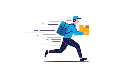 Rapid delivery courier running fast with package and backpack for efficient logistics and parcel distribution services