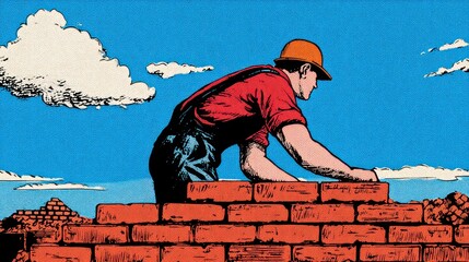 Construction worker building brick wall