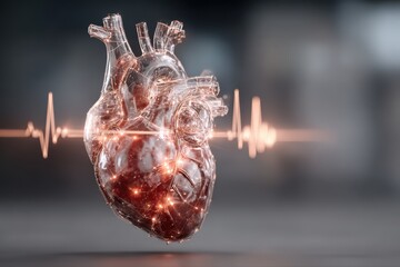 A 3D clay render of a heart with pulse lines in the background, symbolizing a heartbeat.