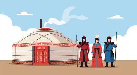 Nomadic warriors guarding a traditional ger on a clear day under a blue sky