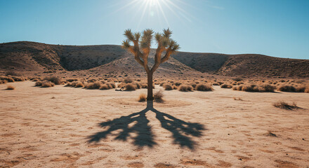 Lone Joshua Tree Silhouette in Mojave Desert Dramatic Sunlight Stark Landscape.