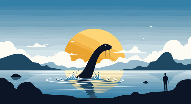 Pixel art mysterious loch ness monster emerges from misty lake beneath bright orange sun with observer
