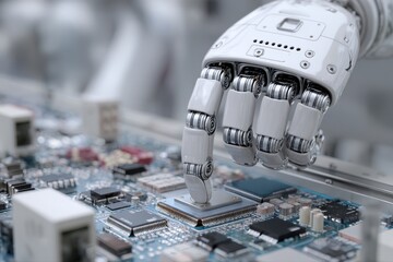 A futuristic robotic arm is seen assembling a motherboard with precision and accuracy.