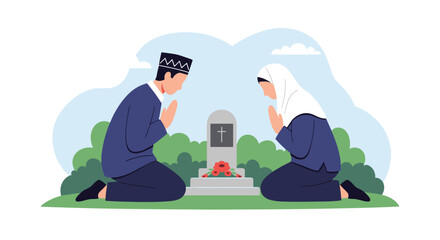 Family members paying respects at a grave remembering ancestors during a solemn occasion honoring loved ones