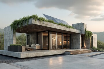 A modern eco-friendly concrete house rendered in 3D with a sustainable design and green features.