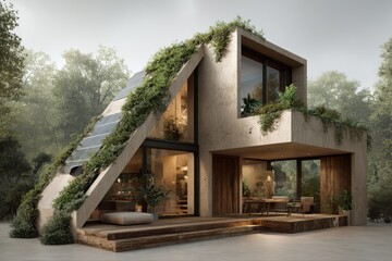 A modern eco-friendly home with a green roof and a staircase, rendered in 3D. The house features sustainable design elements and a welcoming entrance.