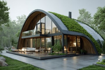 A 3D render of an eco-friendly home with a green roof, showcasing sustainability and modern design.