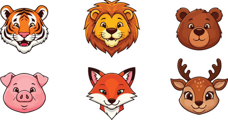 Fototapeta premium Collection of six cute cartoon animal heads isolated on transparent background