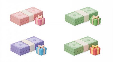 Colorful money stacks with gifts