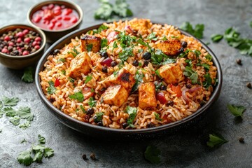 Paneer Biryani bowl rice dish, tofu, herbs, red sauce, pepper on grey