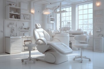 A modern white dentist chair in a clean and minimalist white room. The chair is surrounded by dental tools, ready for a patient to receive treatment.