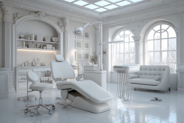 A minimalist white room featuring a modern white chair and a sleek white desk, creating a clean and stylish workspace.