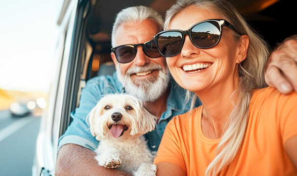 Smiling elderly couple man and woman driving in car on trip hugging their dog enjoying freedom and new places. Summer road trip adventure for two people.