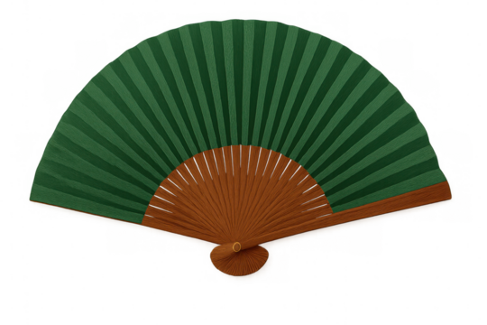 Elegant green handheld folding fan isolated on transparent background, creating a sense of freshness and traditional aesthetics - Powered by Adobe