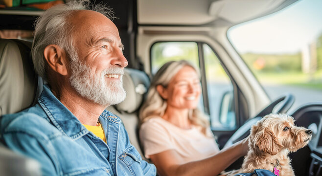 Happy smiling elderly couple pensioners man and woman driving in car with small dog traveling together on their vacation. Summer road trip adventure for two people.