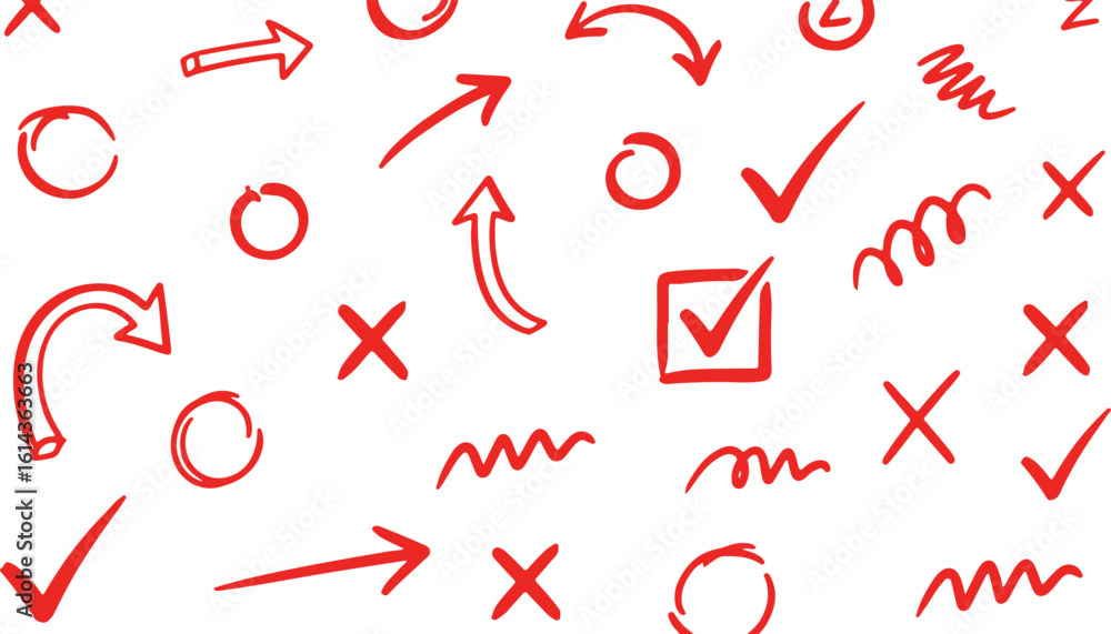 Poster collection of red hand drawn arrows circles checkmarks and xs isolated on transparent background