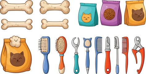 Collection of dog treats and grooming tools isolated on transparent background