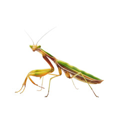 Close-Up View of a Vibrant Green Praying Mantis on a White Background Capturing Intricate Details of Its Exoskeleton and Features
