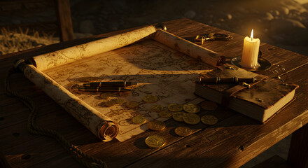 Ancient Treasure Map with Gold Coins and Candlelight