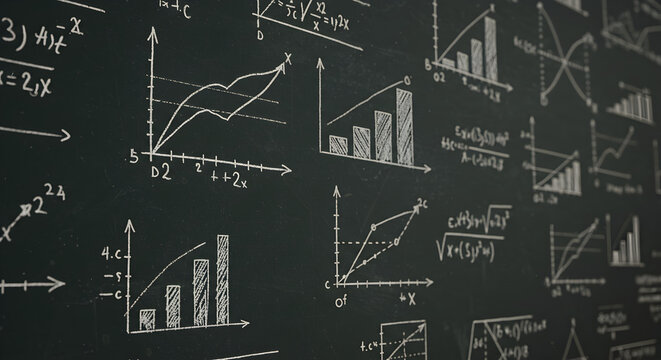 Chalkboard Filled with Hand-Drawn Mathematical Equations and Graphs