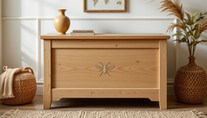 Wooden Chest with Decorative Insect Carving
