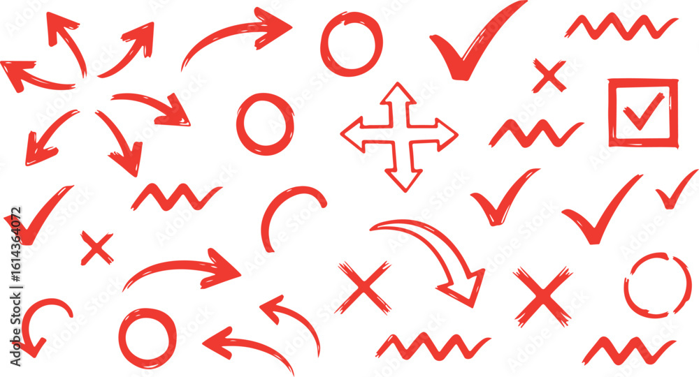 Poster collection of red hand drawn arrows checkmarks crosses and circles isolated on transparent backgroun