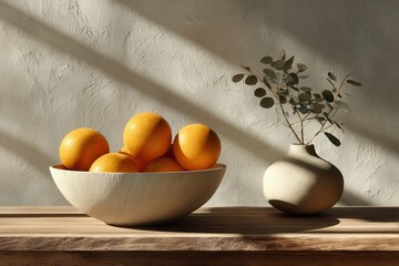 A white bowl filled with fresh oranges placed on a wooden table, creating a simple and vibrant setting.