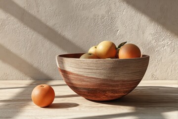 A clay render of a colorful assortment of fruits placed in a bowl on a wooden table, creating a vibrant and inviting display.