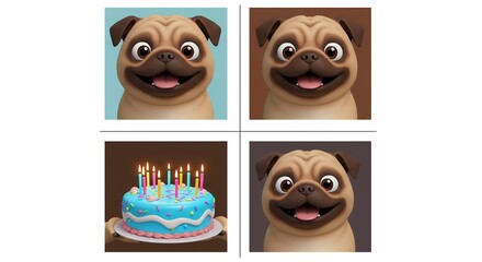 Happy cartoon pug dog portraits with birthday cake
