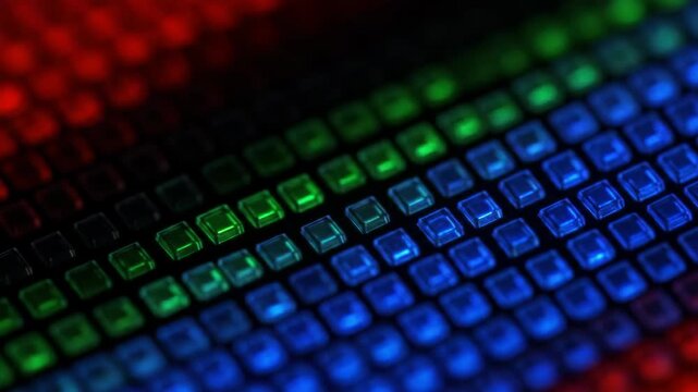 Macro shot of colorful RGB LED display, vibrant technology background with red, green, and blue lights. Abstract and modern, close-up view.