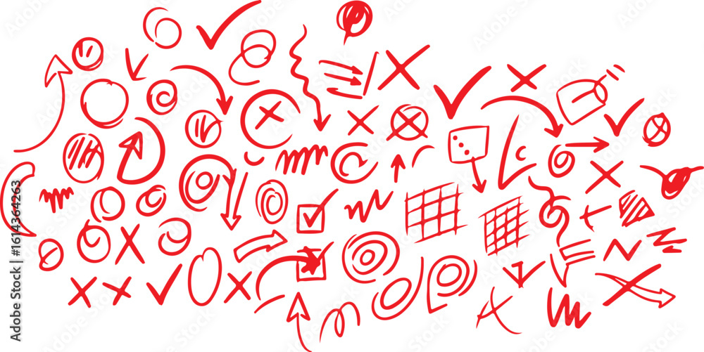 Poster collection of hand drawn red checkmarks and crosses isolated on transparent background