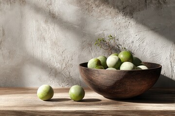 A clay render of a fruit bowl filled with apples sitting on a wooden table, creating a rustic and inviting scene.