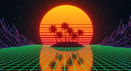 Synthwave Sunset over Grid Textured Virtual Landscape
