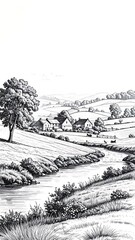 Grayscale rural landscape drawing