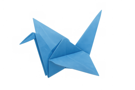 Delicate light blue origami crane flying, precise paper-folding technique revealing symbolic peace against translucent backdrop