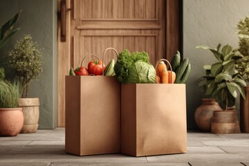 A realistic clay render of grocery delivery bags, featuring a brown paper bag among others.