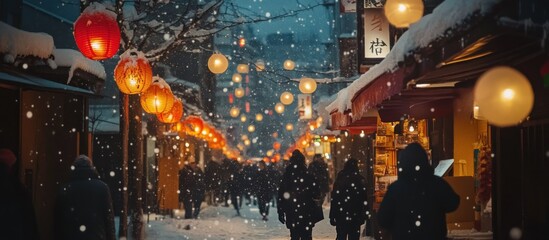 Snowy, lantern-lit street market