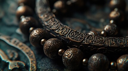 Close-up of intricately carved metal bracelet and beads