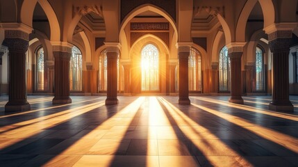 Sunlit mosque interior, arches and columns