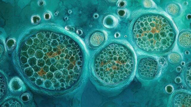 Highdetail sequence of bile components interacting with lipids transforming fat globules into dispersed microscopic micelles in teal hues.