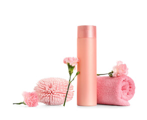 Composition with bottle of shower gel, bath sponge, towel and flowers isolated on white background