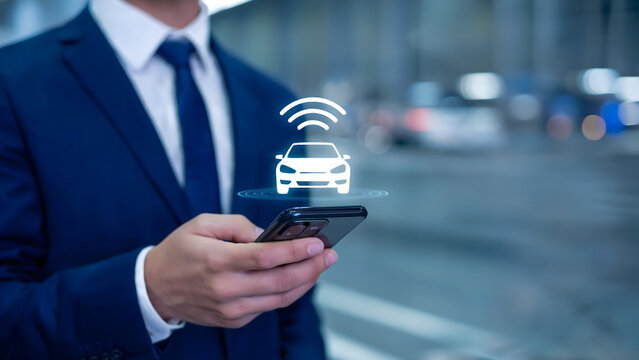 Executive using car sharing app on smartphone shows convenient urban mobility